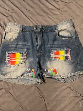 Women’s Distressed Denim Jeans with Rainbow Patch Details NEVER WORN